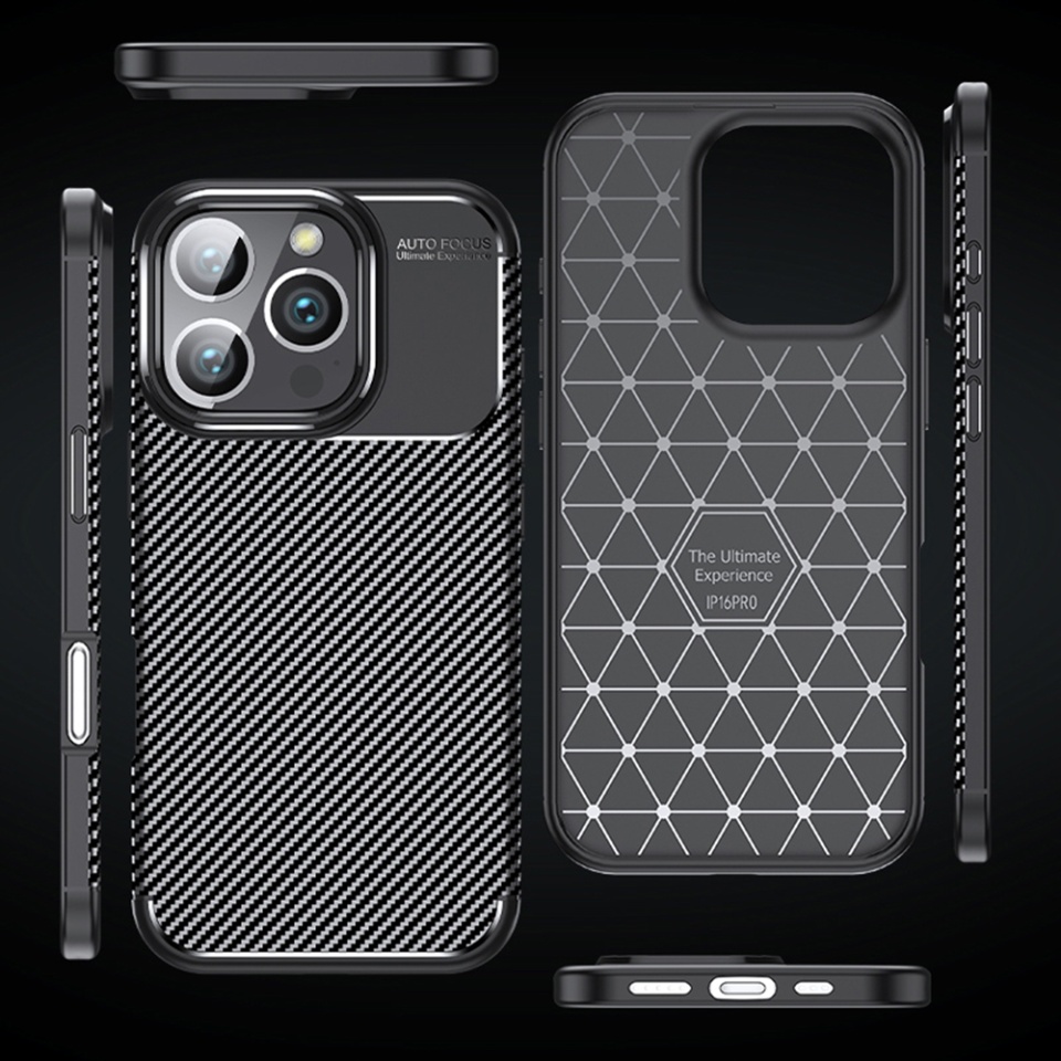 Husa pentru iPhone 16 Pro, SKYDDAR INNOVATION, CarbonFiber, Antisoc, Negru, set cu sticker - 1 | YEO