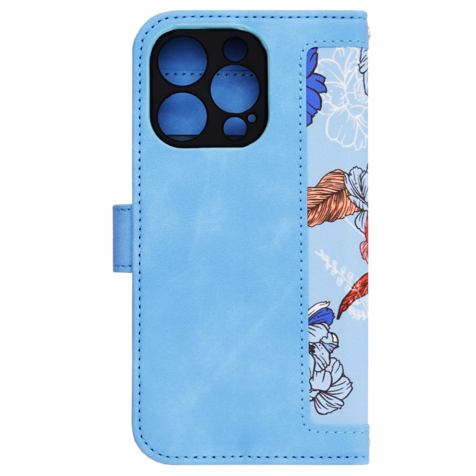 Husa pentru iPhone 16 Pro, SKYDDAR INNOVATION, Floral Wallet, din Piele Ecologică cu Design Floral, Protecție 360°, Stand Integrat, Buzunare pentru Carduri, Bleu, set cu sticker - 1 | YEO