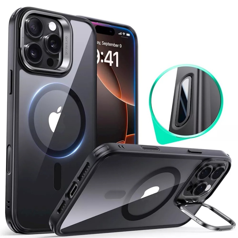 Husa pentru iPhone 16 Pro, slim, ESR Classic Hybrid HaloLock Kickstand, Negru/transparenta