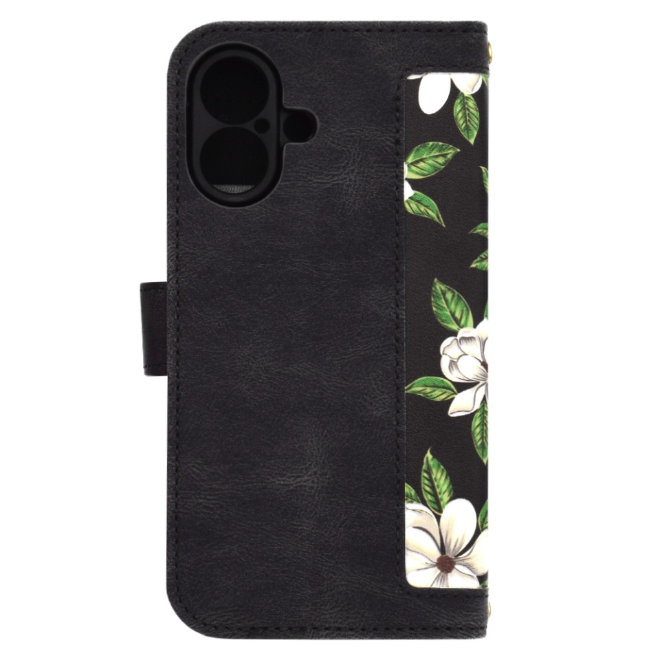 Husa pentru iPhone 16, SKYDDAR INNOVATION, Floral Wallet, din Piele Ecologică cu Design Floral, Protecție 360°, Stand Integrat, Buzunare pentru Carduri, Negru, set cu sticker - 1 | YEO