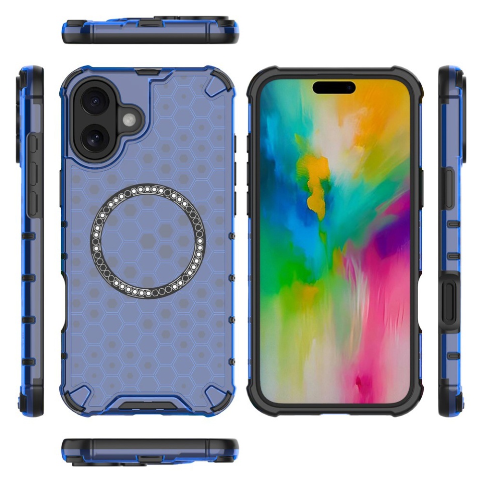Husa pentru iPhone 16, SKYDDAR INNOVATION, HoneyComb Shield MagSafe, Antisoc, set cu sticker, Albastru - 3 | YEO