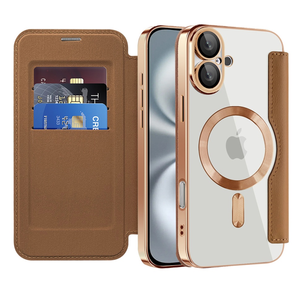 Husa pentru iPhone 16 tip carte, SKYDDAR INOVATION, SmartMag Book, Magsafe, RFiD, Suport Carduri, set cu sticker, Maro