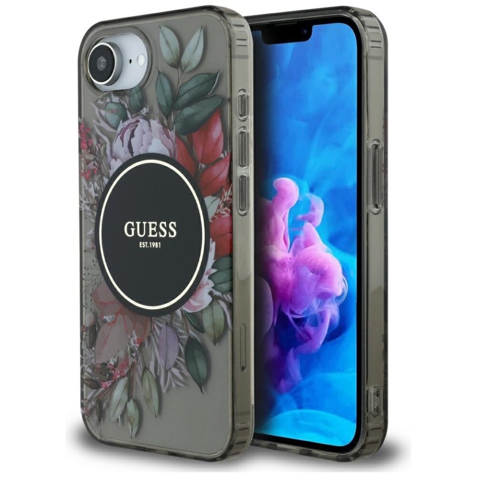 Husa pentru iPhone 16e, IML Flowers with Pearl Strap MagSafe, Guess - Negru