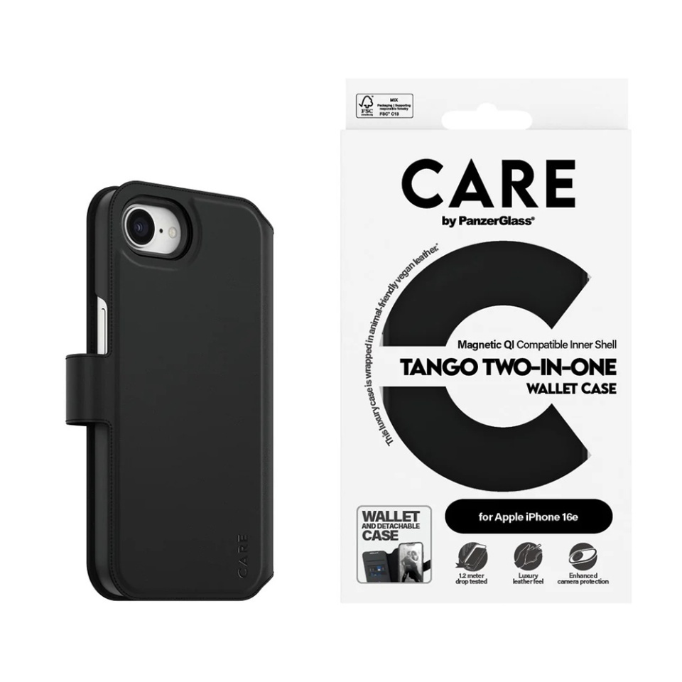 Husa pentru iPhone 16e, PanzerGlass, CARE Feature Case Tango Two-in-One Wallet, Tip Carte Detasabila 2in1 cu Portofel si Prindere Magnetica, Piele Ecologica, Antisoc, Negru - 2 | YEO