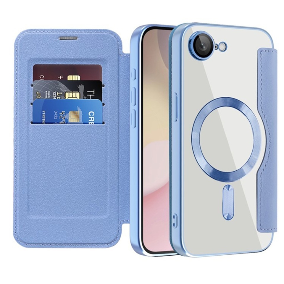 Husa pentru iPhone 16e tip carte, SKYDDAR INOVATION, SmartMag Book, Magsafe, RFiD, Suport Carduri, set cu sticker, Bleu