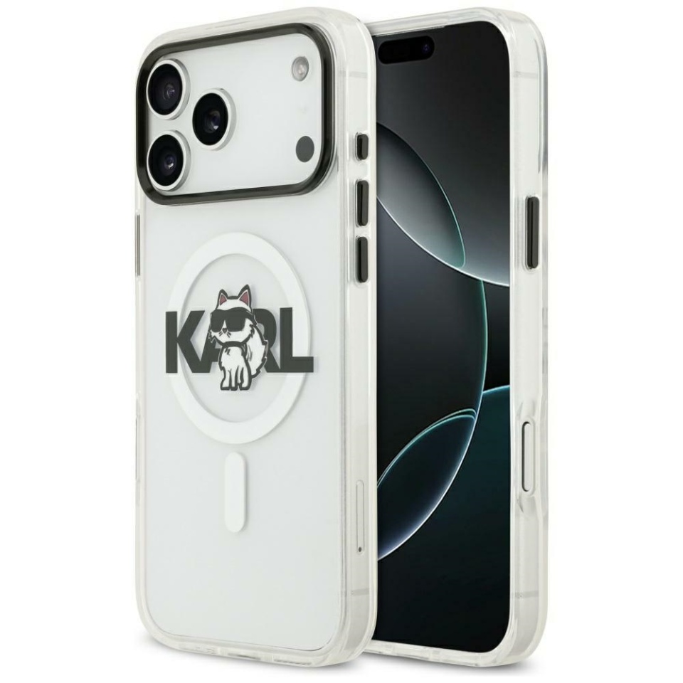 Husa pentru iPhone 17, IML Glitter K&C Heads Logo MagSafe, Clear Mono Karl&Choupette