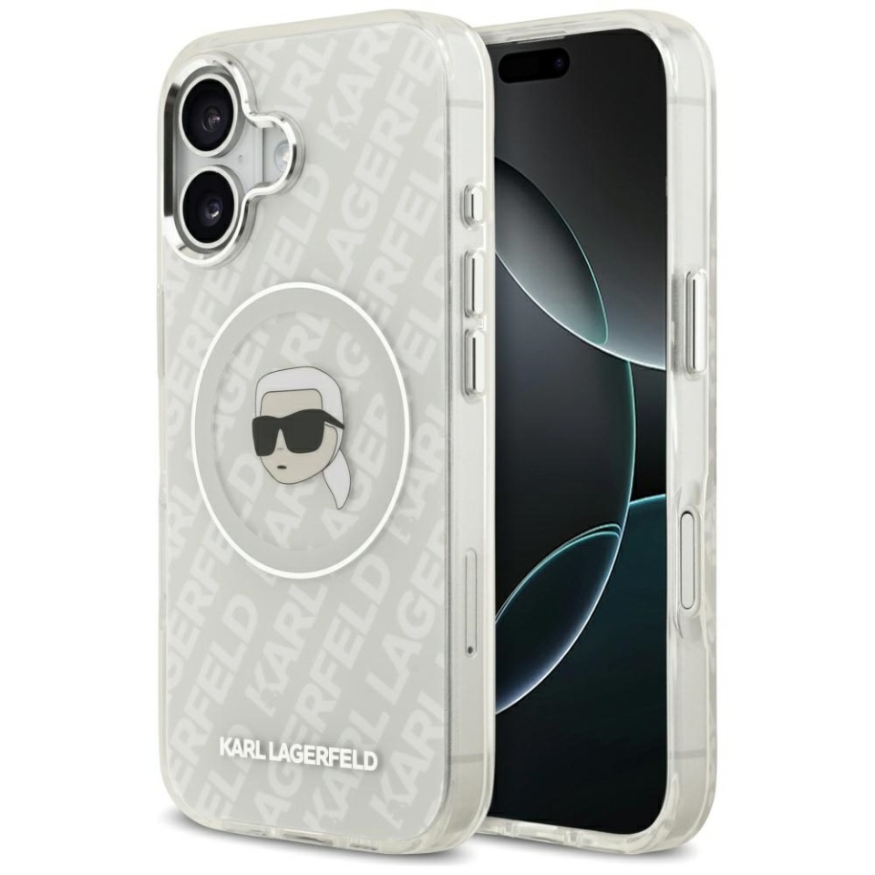 Husa pentru iPhone 17, IML Glitter K&C Heads Logo MagSafe, Clear Mono Karl&Choupette