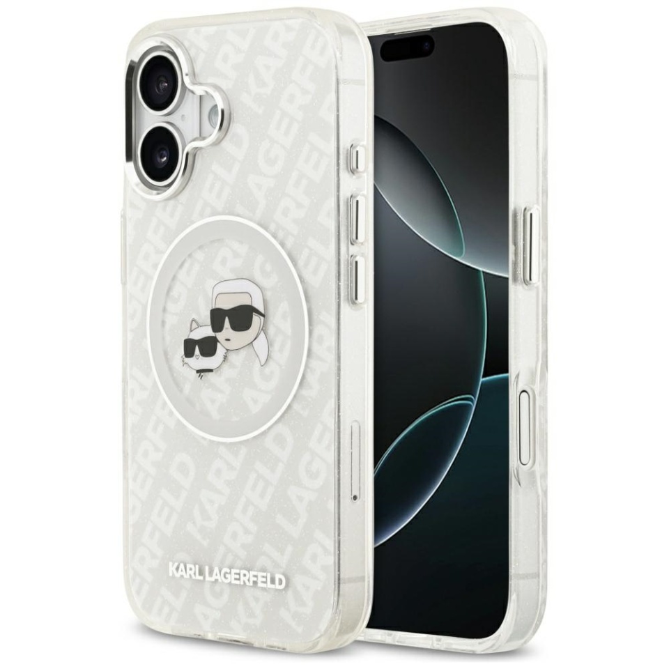 Husa pentru iPhone 17, IML Glitter K&C Heads Logo MagSafe, Clear Mono Karl&Choupette