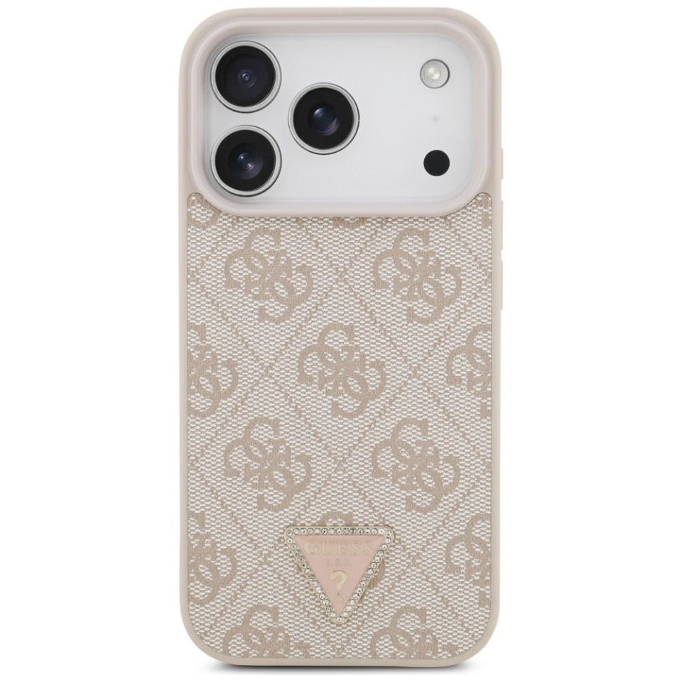 Husa pentru iPhone 17 Pro, Guess, Leather 4G Triangle Strass, Roz - 1 | YEO