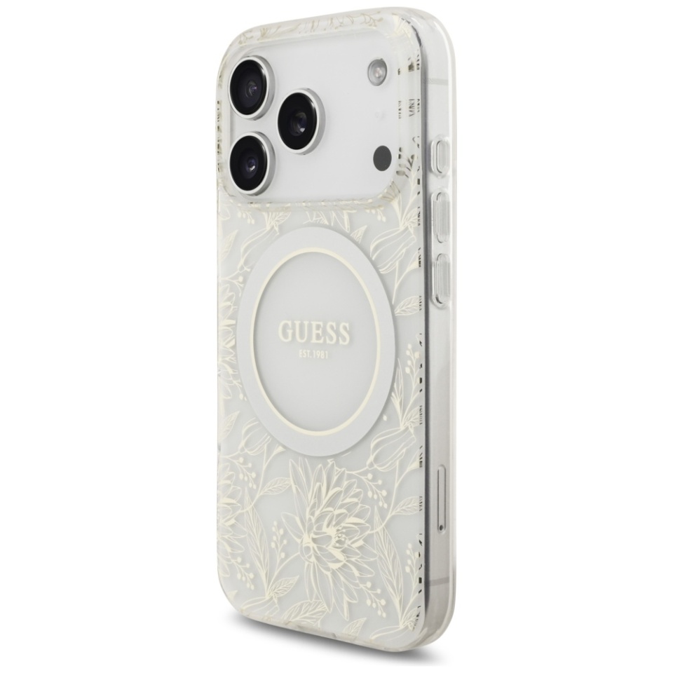 Husa pentru iPhone 17 Pro, IML Flowers with Pearl Strap MagSafe, Guess - Negru - 2 | YEO