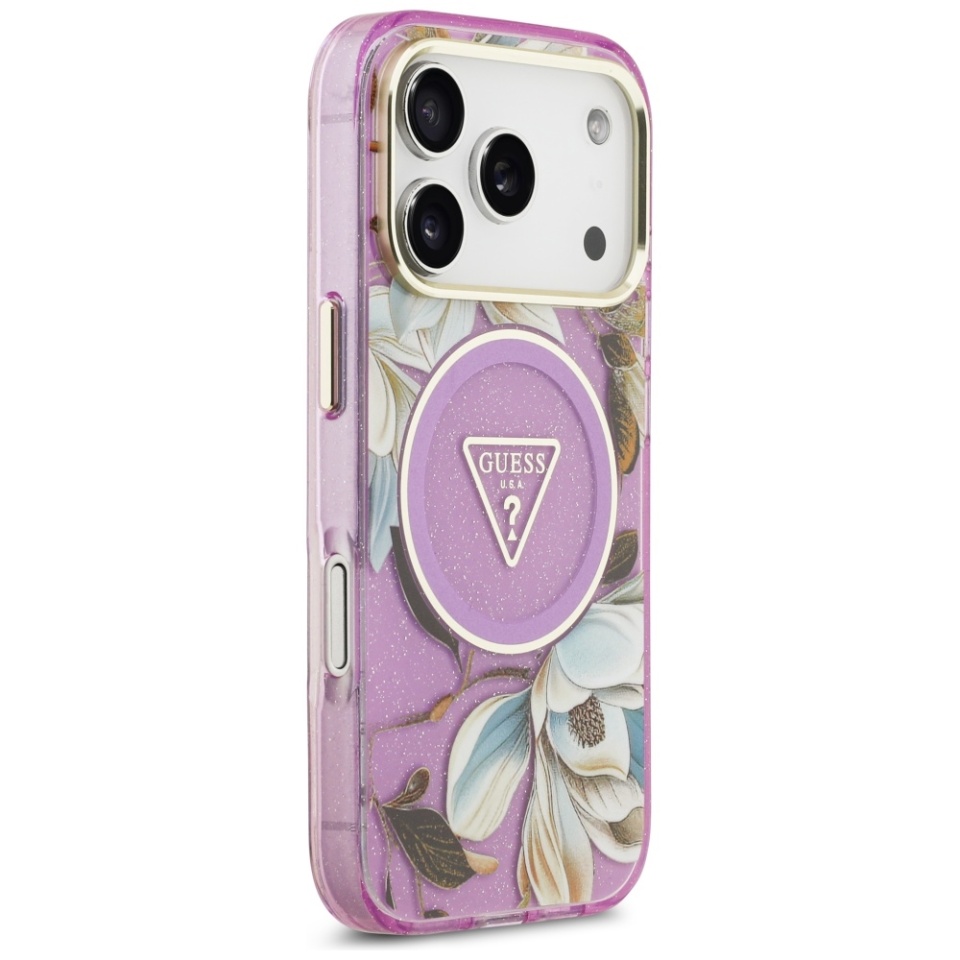 Husa pentru iPhone 17 Pro, IML Flowers with Pearl Strap MagSafe, Guess - Mov - 2 | YEO