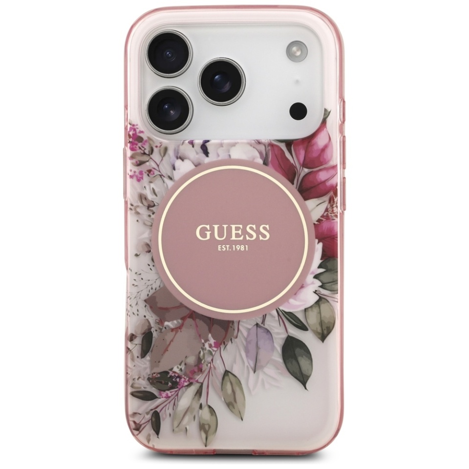 Husa pentru iPhone 17 Pro, IML Flowers with Pearl Strap MagSafe, Guess - Roz - 1 | YEO