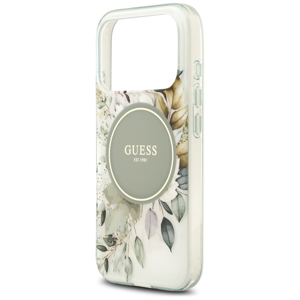 Husa pentru iPhone 17 Pro, IML Flowers with Pearl Strap MagSafe, Guess - Verde - 5