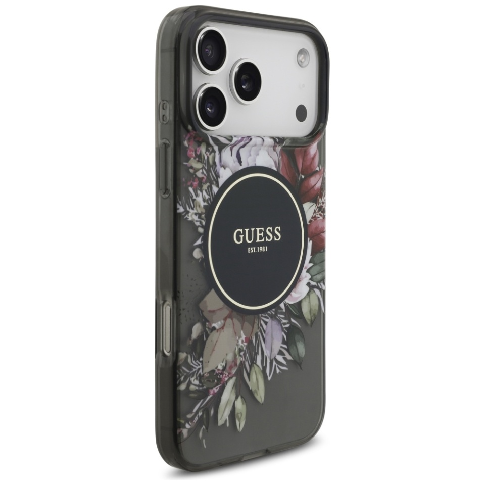 Husa pentru iPhone 17 Pro Max, IML Flowers with Pearl Strap MagSafe, Guess - Negru - 1 | YEO