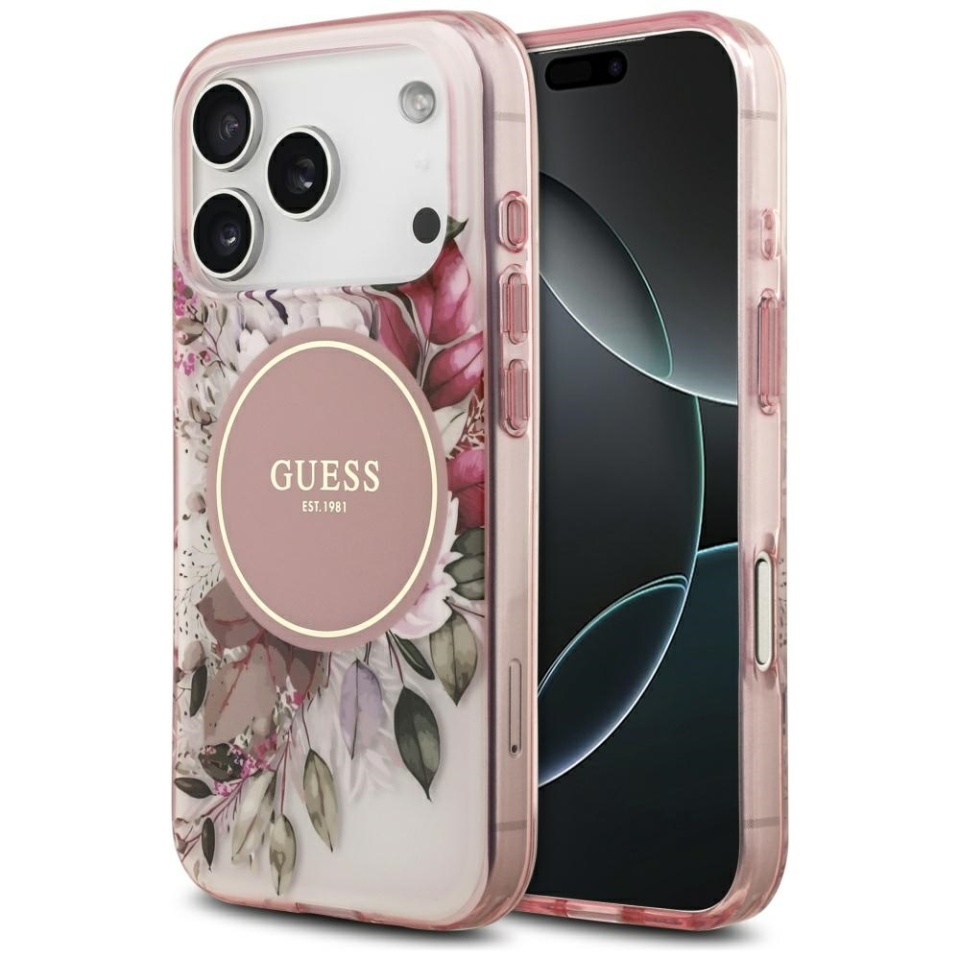 Husa pentru iPhone 17 Pro Max, IML Flowers with Pearl Strap MagSafe, Guess - Roz