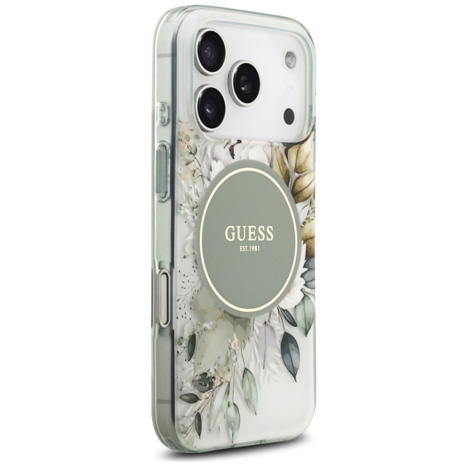 Husa pentru iPhone 17 Pro Max, IML Flowers with Pearl Strap MagSafe, Guess - Verde - 3 | YEO