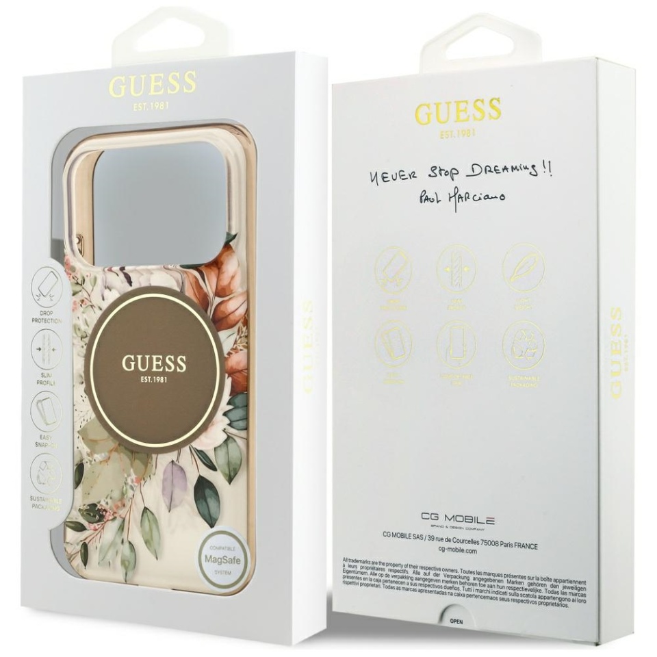 Husa pentru iPhone 17 Pro Max, IML Flowers with Pearl Strap MagSafe, Guess - Maro - 7
