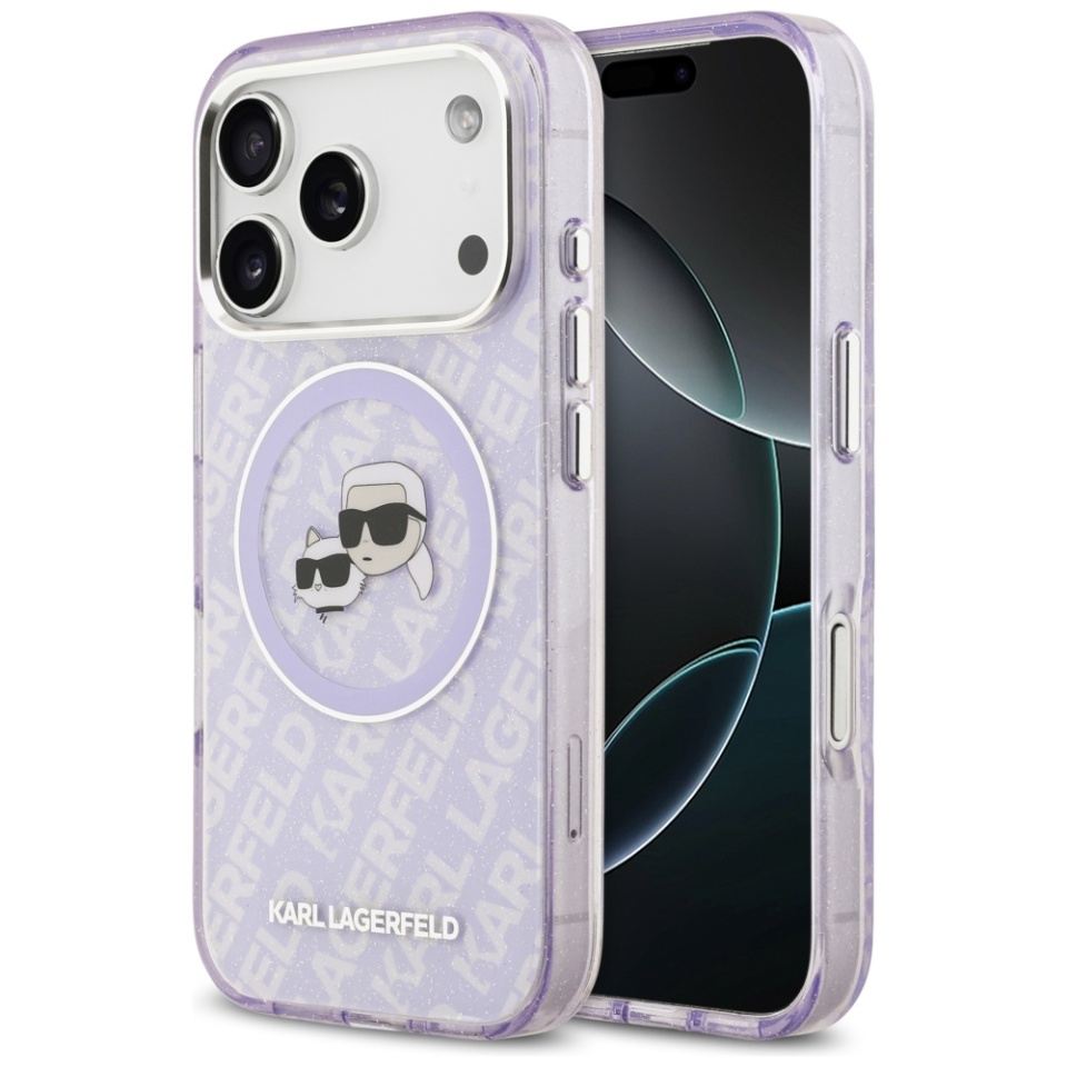 Husa pentru iPhone 17 Pro Max, IML Glitter K&C Heads Logo MagSafe, Clear Mono Karl&Choupette