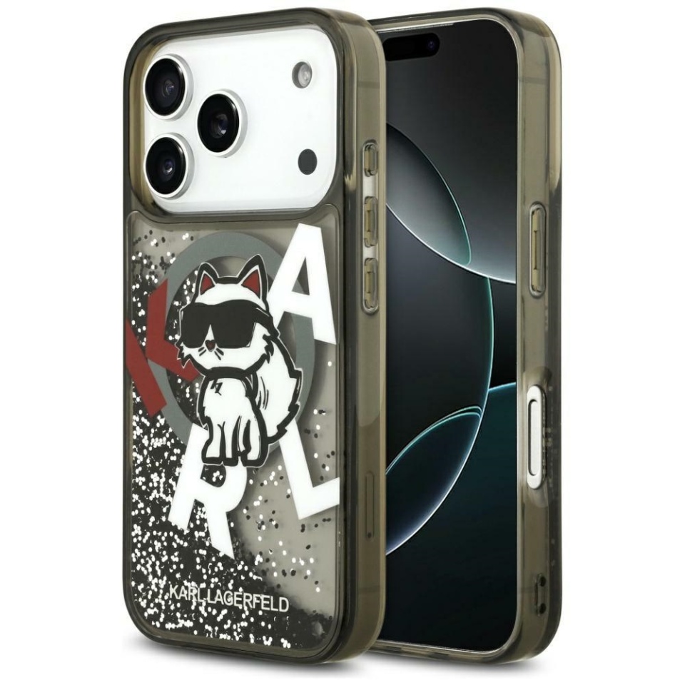 Husa pentru iPhone 17 Pro Max,Liquid Glitter Choupette Logo MagSafe, Karl Lagerfeld - Negru
