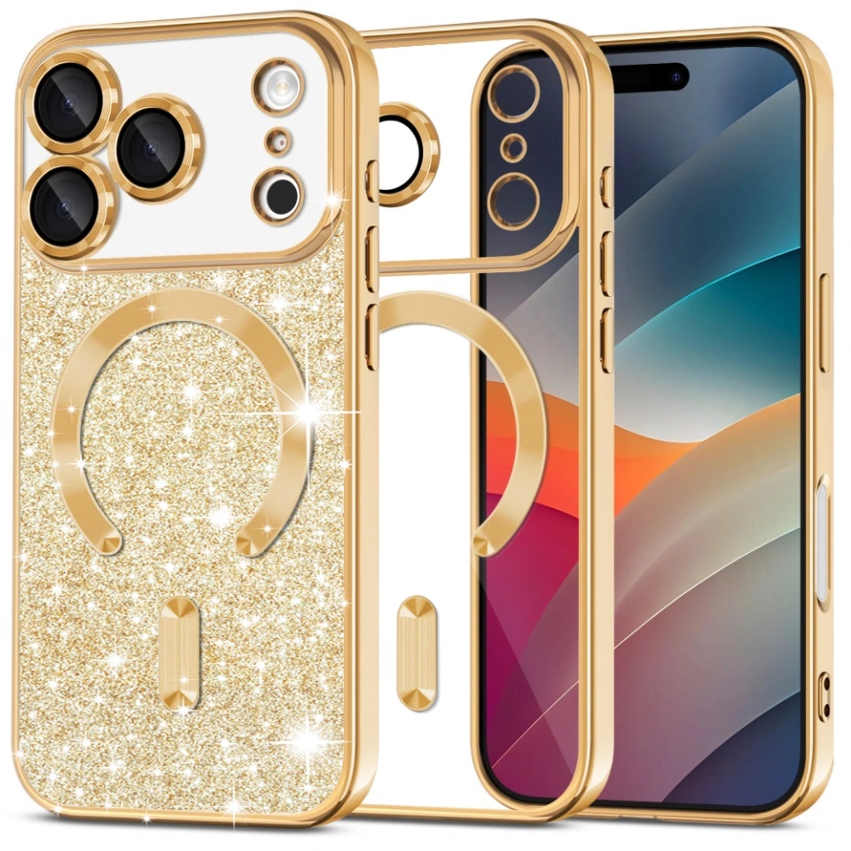 Husa pentru iPhone 17 Pro Max, SKYDDAR INNOVATION, Luxury Glitter Magsafe, Antisoc, Fundal Detasabil 2-in-1, Margini Ridicate, set cu sticker, Auriu