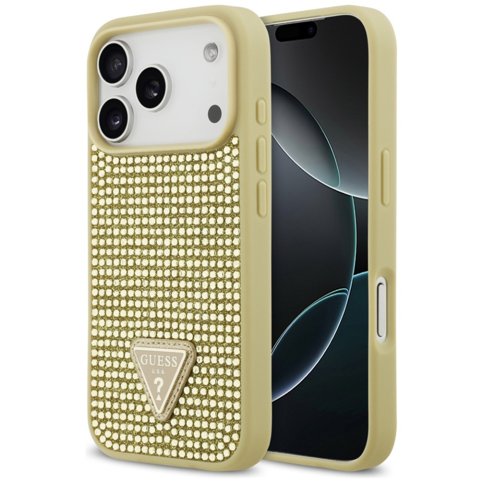 Husa pentru iPhone 17 Pro, Rhinestone Triangle, Guess, Auriu