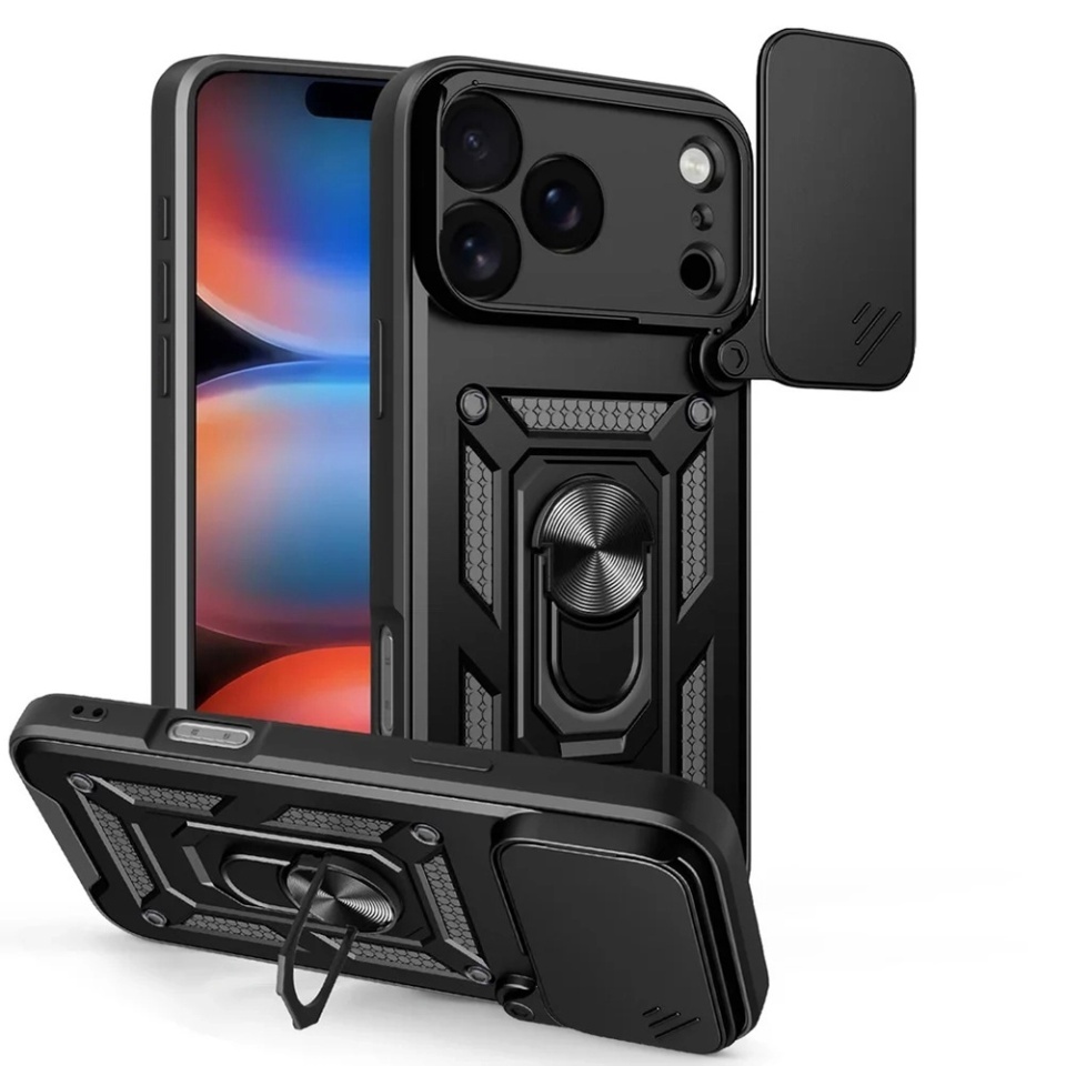 Husa pentru iPhone 17 Pro, SKYDDAR INNOVATION, CamShield, Inel magnetic, set cu sticker, Negru