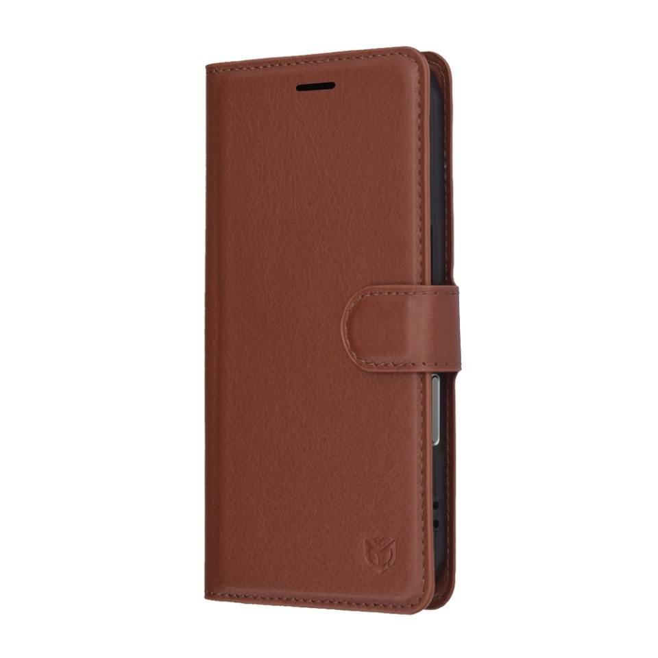Husa pentru iPhone 17 Pro, SKYDDAR INNOVATION, Leather Folio tip Carte, cu Portofel Interior, Finisaje Premium, set cu sticker, Maro - 3 | YEO