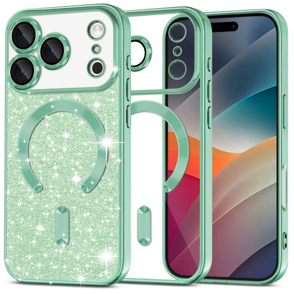 Husa pentru iPhone 17 Pro, SKYDDAR INNOVATION, Luxury Glitter Magsafe, Antisoc, Fundal Detasabil 2-in-1, Margini Ridicate, set cu sticker, Verde deschis