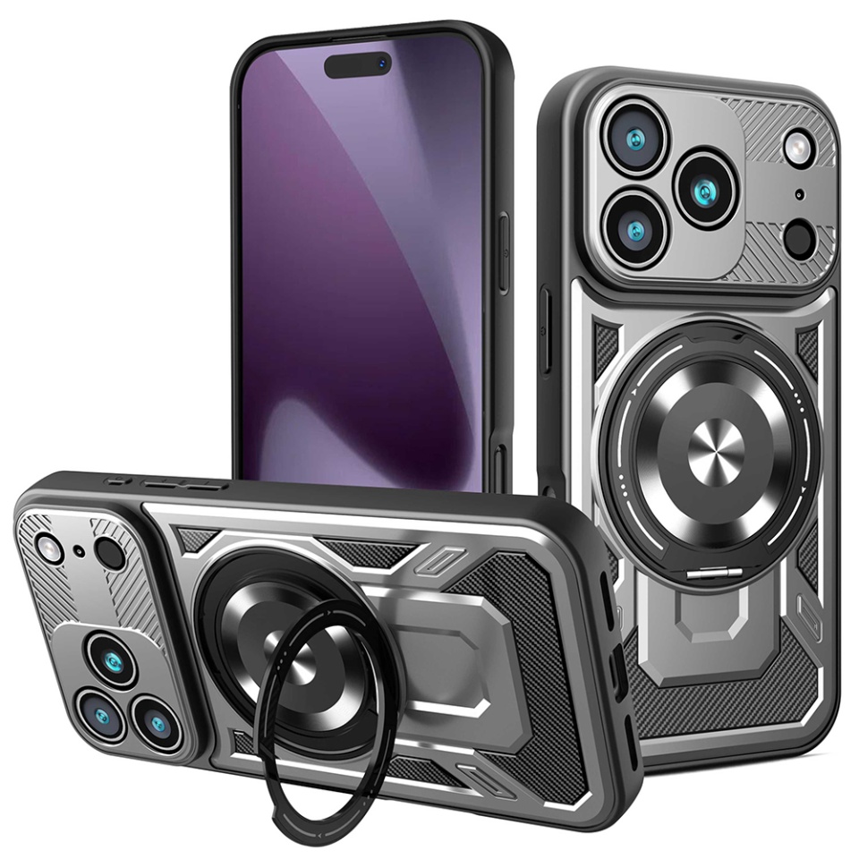 Husa pentru iPhone 17 Pro, SKYDDAR INNOVATION, RuggedCam, Inel magnetic antisoc, set cu sticker, Gri