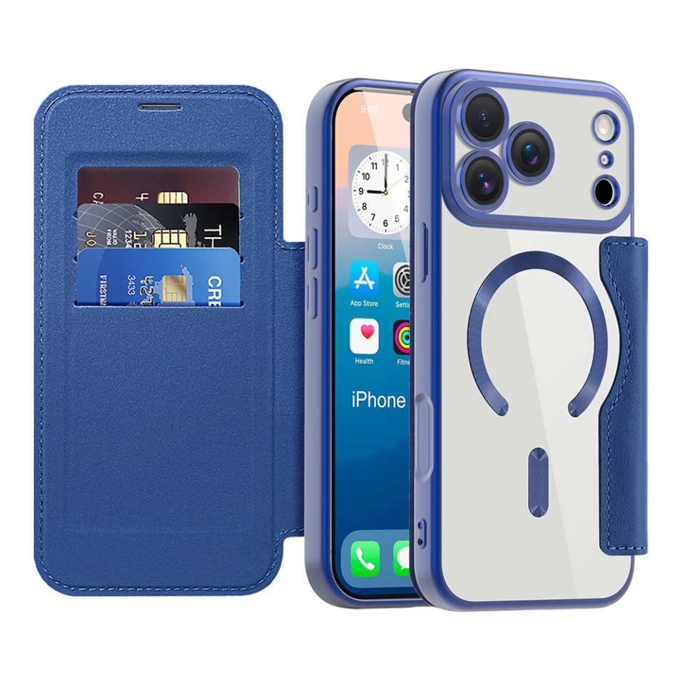 Husa pentru iPhone 17 Pro tip carte, SKYDDAR INOVATION, SmartMag Book, Magsafe, RFiD, Suport Carduri, set cu sticker, Albastru