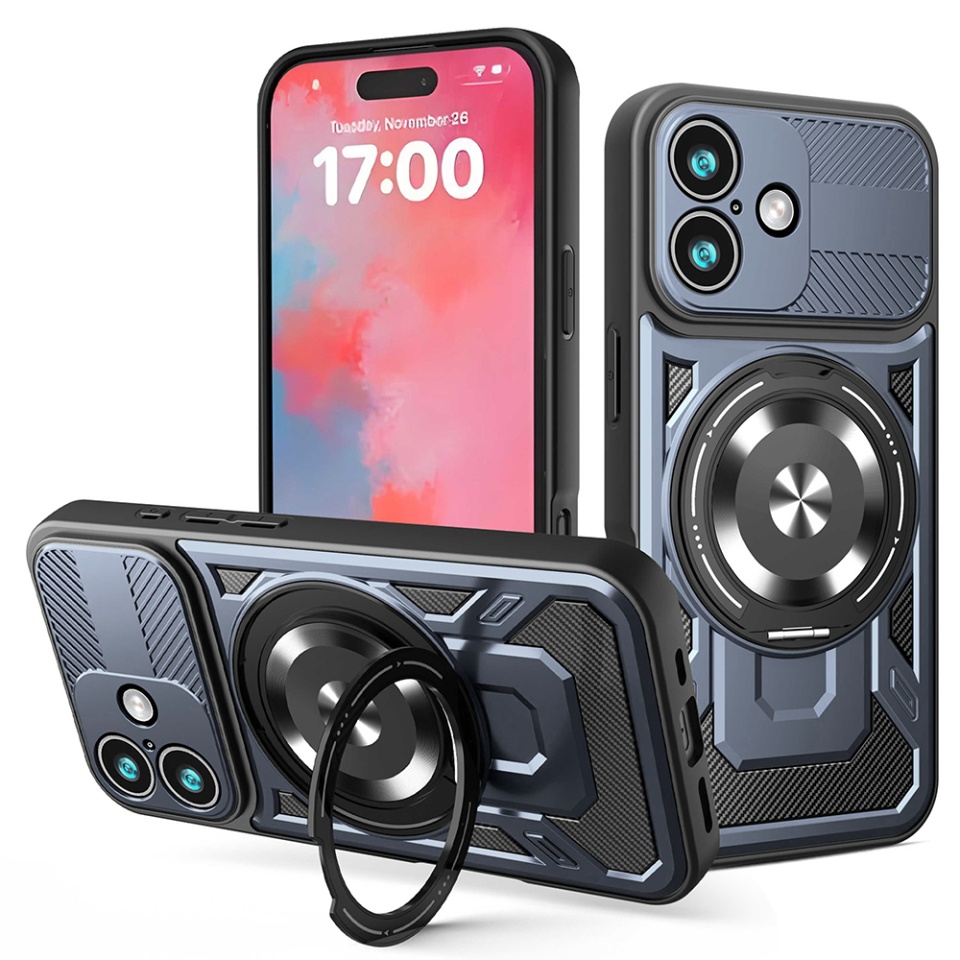 Husa pentru iPhone 17, SKYDDAR INNOVATION, RuggedCam, Inel magnetic antisoc, set cu sticker, Albastru