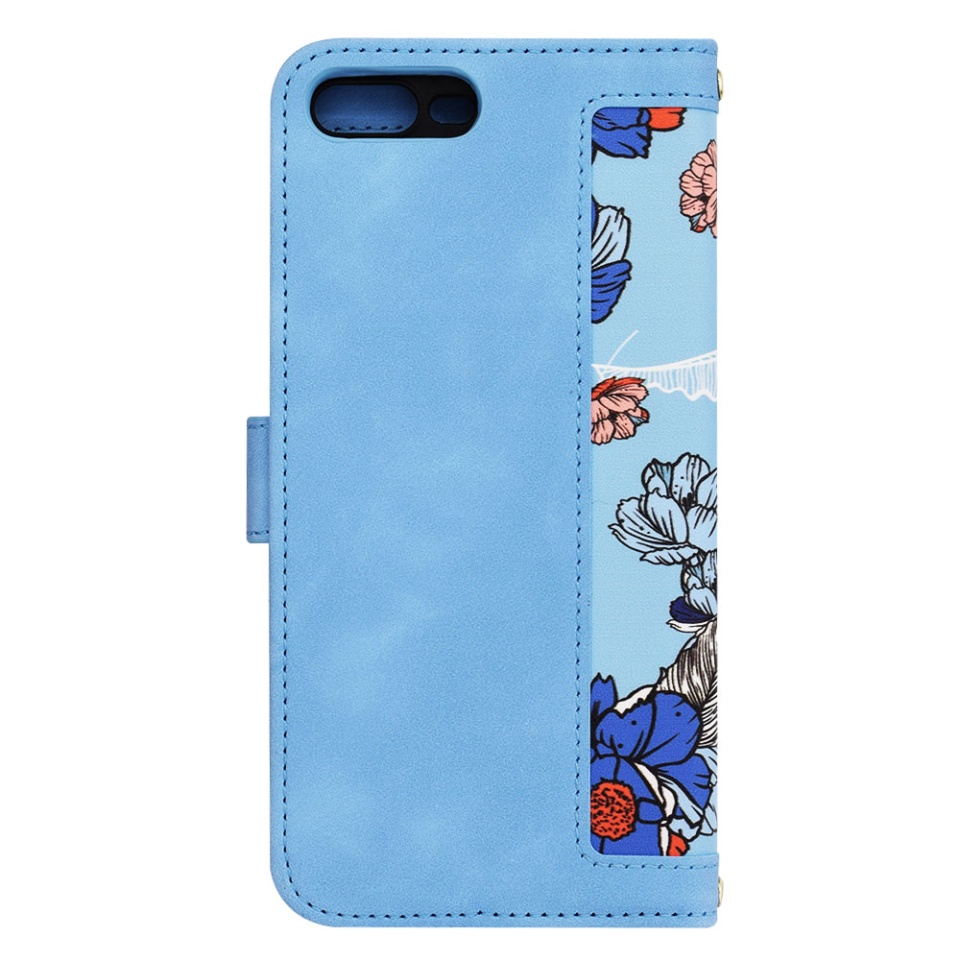Husa pentru iPhone 8 Plus / 7 Plus din Piele Ecologică cu Design Floral, Protecție 360°, Stand Integrat, Buzunare pentru Carduri, SKDR Floral Wallet - Bleu - 2 | YEO