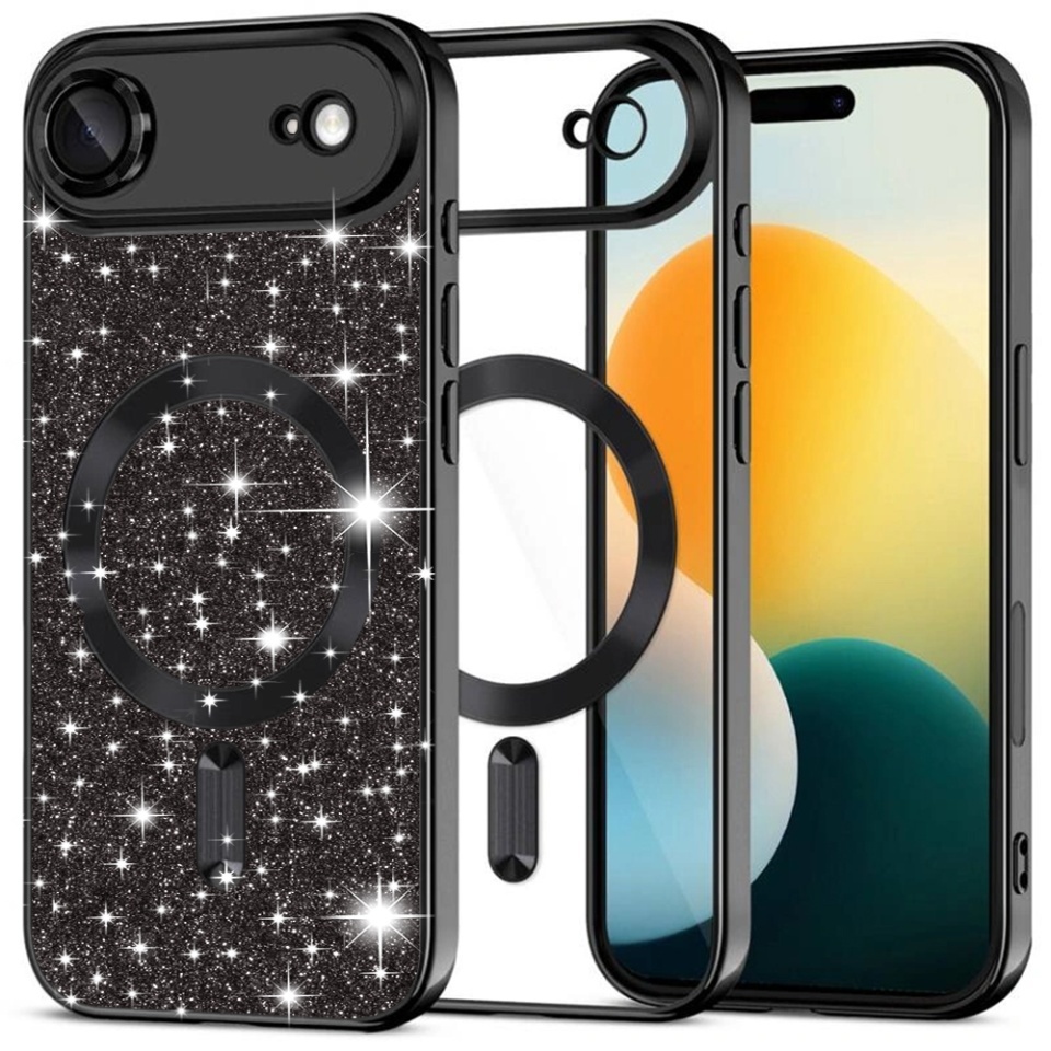 Husa pentru iPhone Air, SKYDDAR INNOVATION, Luxury Glitter Magsafe, Antisoc, Fundal Detasabil 2-in-1, Margini Ridicate, set cu sticker, Negru