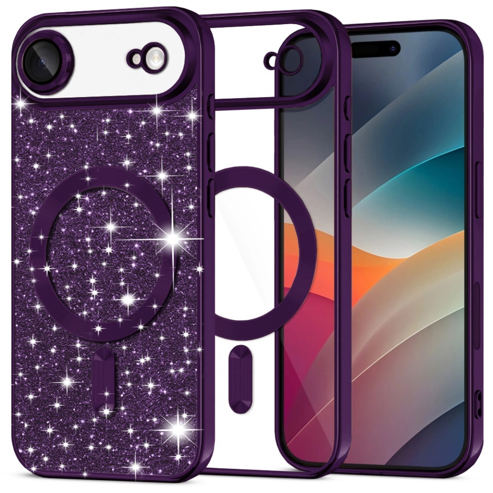 Husa pentru iPhone Air, SKYDDAR INNOVATION, Luxury Glitter Magsafe, Antisoc, Fundal Detasabil 2-in-1, Margini Ridicate, set cu sticker, Mov