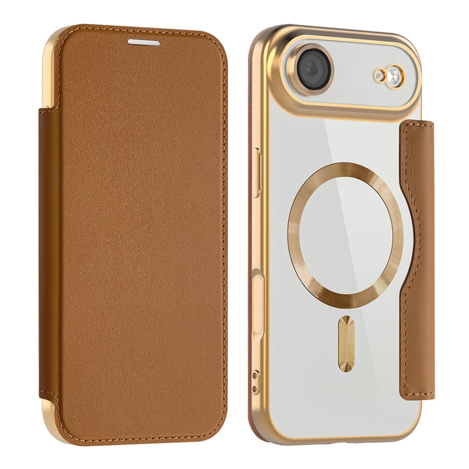 Husa pentru iPhone Air tip carte, SKYDDAR INOVATION, SmartMag Book, Magsafe, RFiD, Suport Carduri, set cu sticker, Maro - 1 | YEO