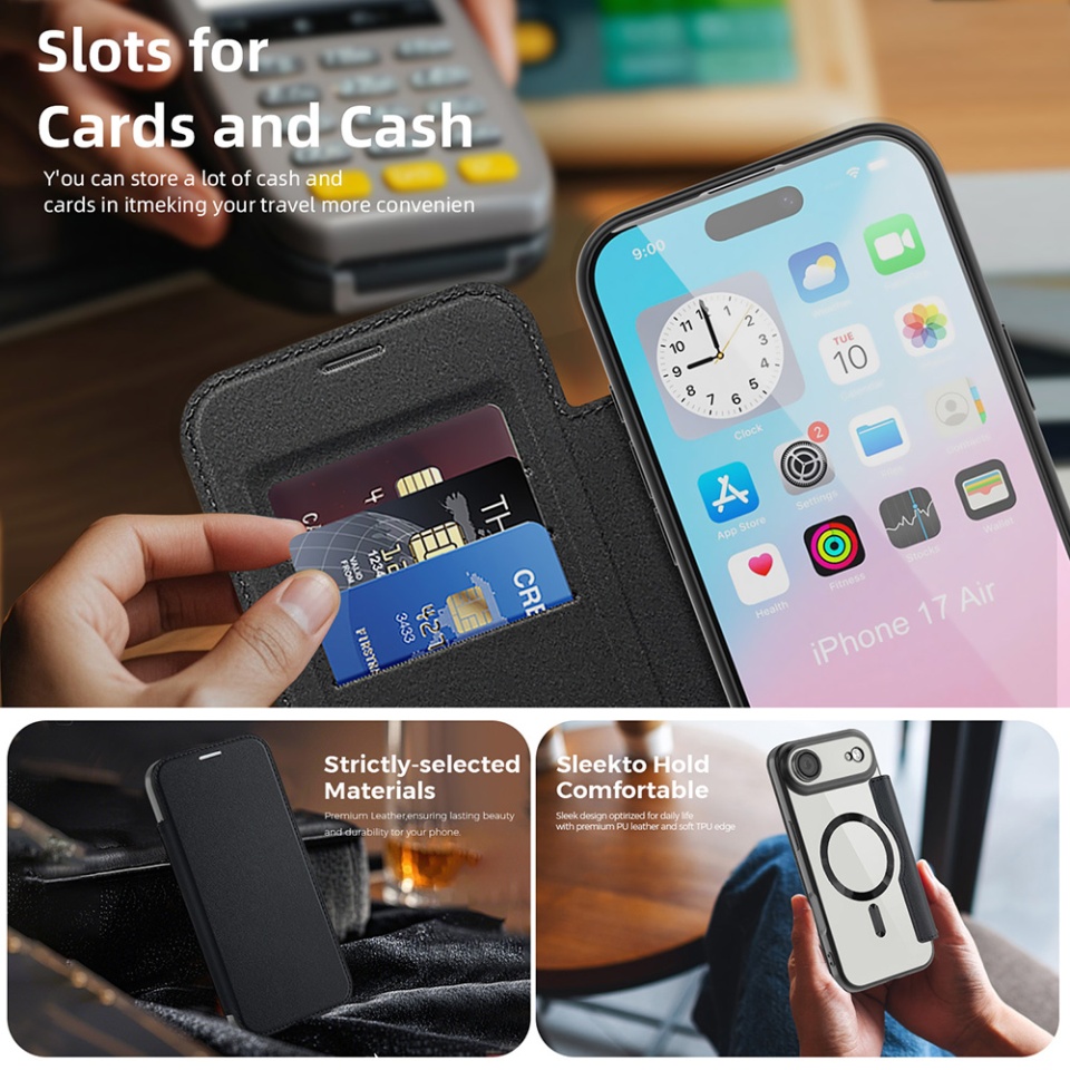 Husa pentru iPhone Air tip carte, SKYDDAR INOVATION, SmartMag Book, Magsafe, RFiD, Suport Carduri, set cu sticker, Roz - 3 | YEO