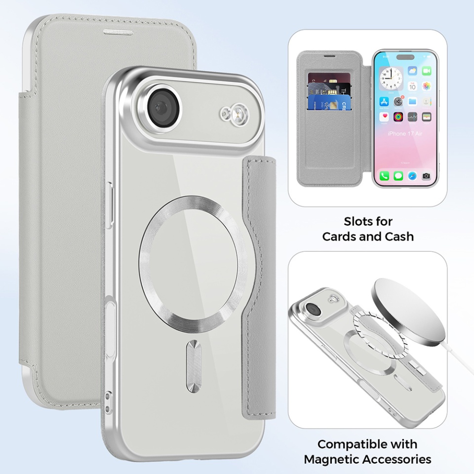 Husa pentru iPhone Air tip carte, SKYDDAR INOVATION, SmartMag Book, Magsafe, RFiD, Suport Carduri, set cu sticker, Gri - 2 | YEO
