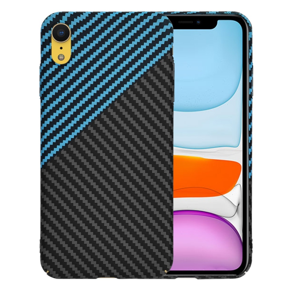 Husa pentru iPhone XR, SKYDDAR INNOVATION, textura carbon, Carbonite FiberShell, set cu sticker, Bleu,