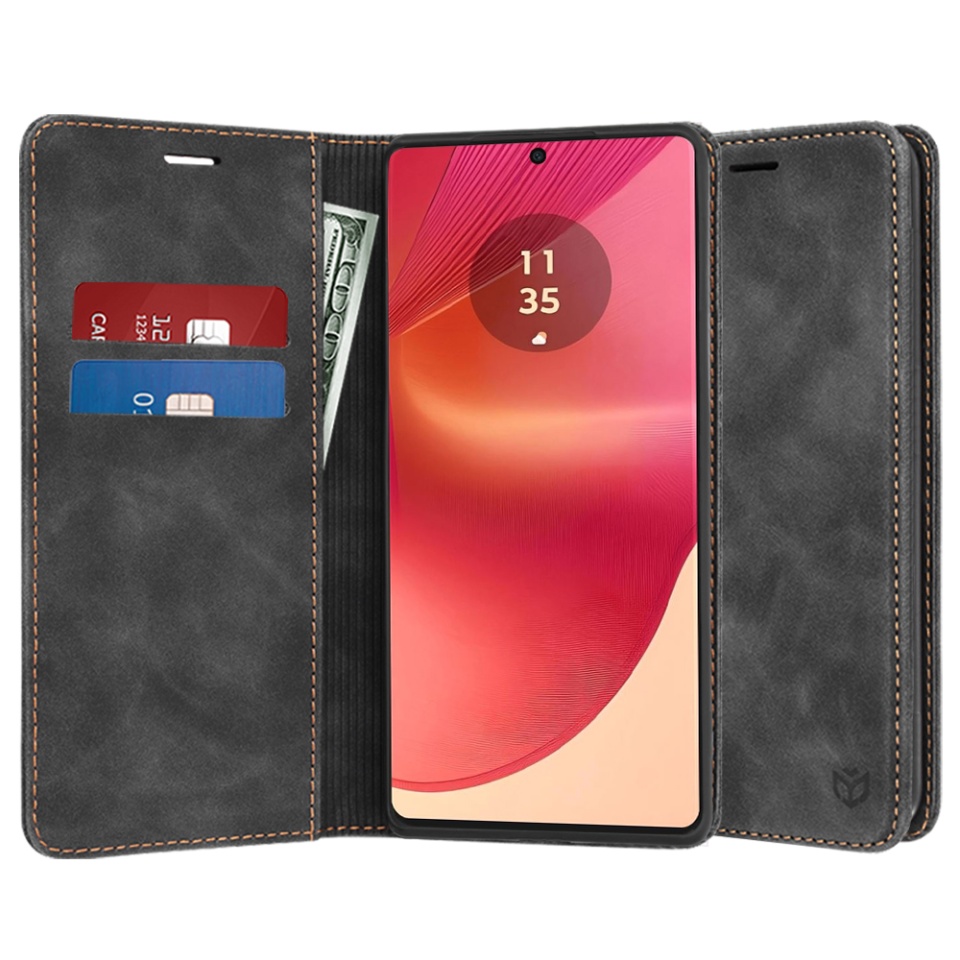 Husa pentru Motorola Edge 50 Fusion, SKYDDAR INNOVATION, Soft Wallet, tip Carte din piele Eco Premium, cu Portofel Interior, Negru, set cu sticker