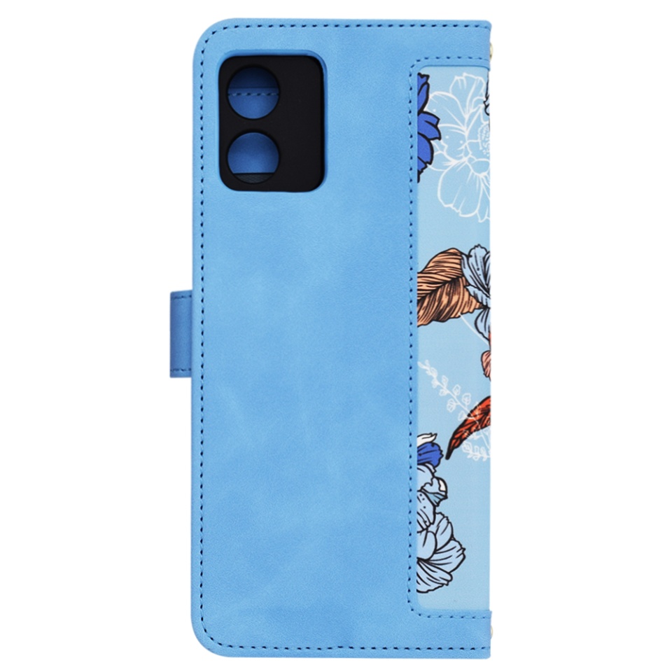 Husa pentru Motorola Moto E13 din Piele Ecologică cu Design Floral, Protecție 360°, Stand Integrat, Buzunare pentru Carduri, SKDR Floral Wallet - Bleu - 3 | YEO