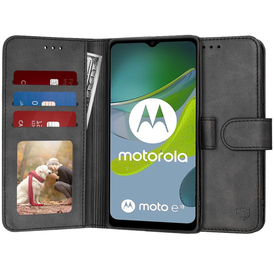 Husa pentru Motorola Moto E13, SKYDDAR INNOVATION, Diary Book, tip carte, cu Portofel Interior, Antisoc, Negru, set cu sticker