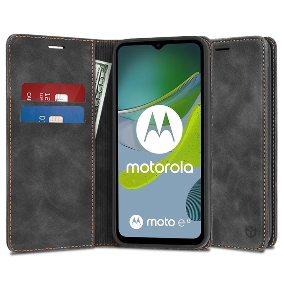 Husa pentru Motorola Moto E13, SKYDDAR INNOVATION, Soft Wallet, tip Carte din piele Eco Premium, cu Portofel Interior, Negru, set cu sticker