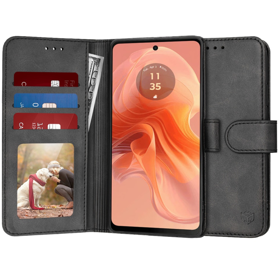Husa pentru Motorola Moto G04 / Moto G24 / Moto G04s / Moto E14, SKYDDAR INNOVATION, Diary Book, tip carte, cu Portofel Interior, Antisoc, Negru, set cu sticker