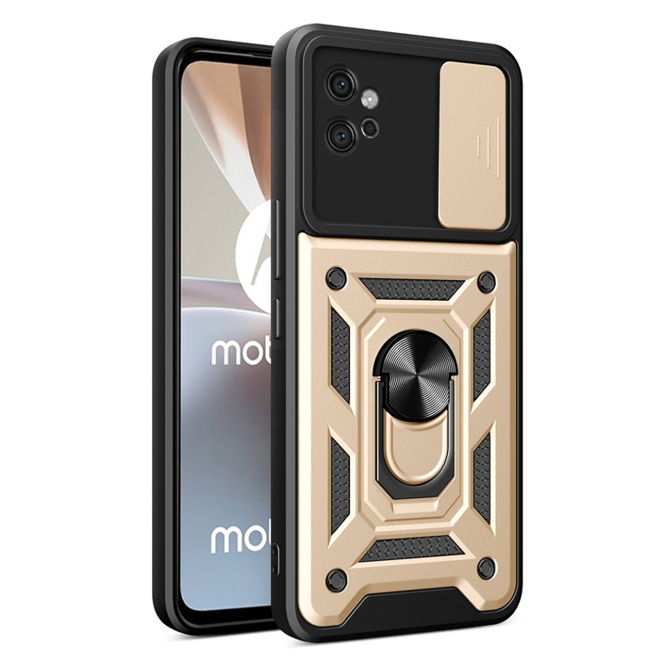 Husa pentru Motorola Moto G32, SKYDDAR INNOVATION, CamShield, Inel magnetic, set cu sticker, Auriu
