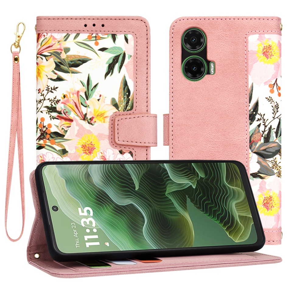 Husa pentru Motorola Moto G35 din Piele Ecologică cu Design Floral, Protecție 360°, Stand Integrat, Buzunare pentru Carduri, SKDR Floral Wallet - Roz