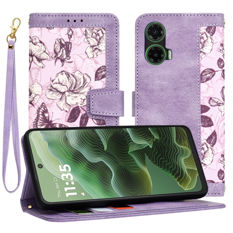 Husa pentru Motorola Moto G35 din Piele Ecologică cu Design Floral, Protecție 360°, Stand Integrat, Buzunare pentru Carduri, SKDR Floral Wallet - Mov