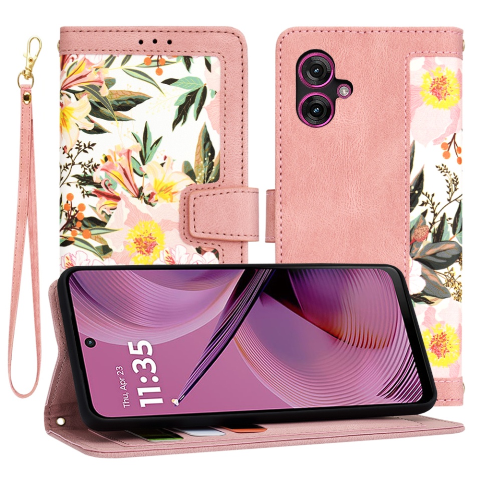 Husa pentru Motorola Moto G55 din Piele Ecologică cu Design Floral, Protecție 360°, Stand Integrat, Buzunare pentru Carduri, SKDR Floral Wallet - Roz