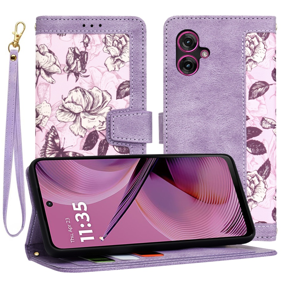 Husa pentru Motorola Moto G55 din Piele Ecologică cu Design Floral, Protecție 360°, Stand Integrat, Buzunare pentru Carduri, SKDR Floral Wallet - Mov