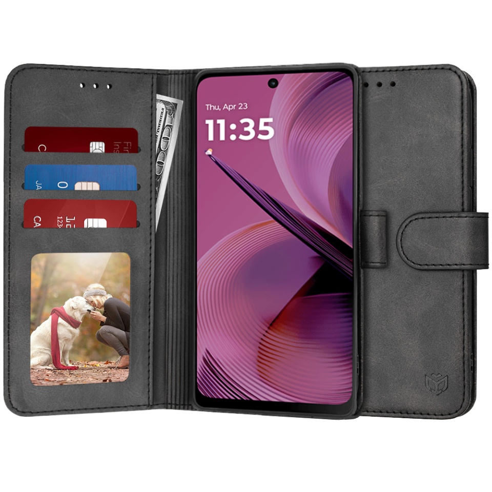 Husa pentru Motorola Moto G55, SKYDDAR INNOVATION, Diary Book, tip carte, cu Portofel Interior, Antisoc, Negru, set cu sticker