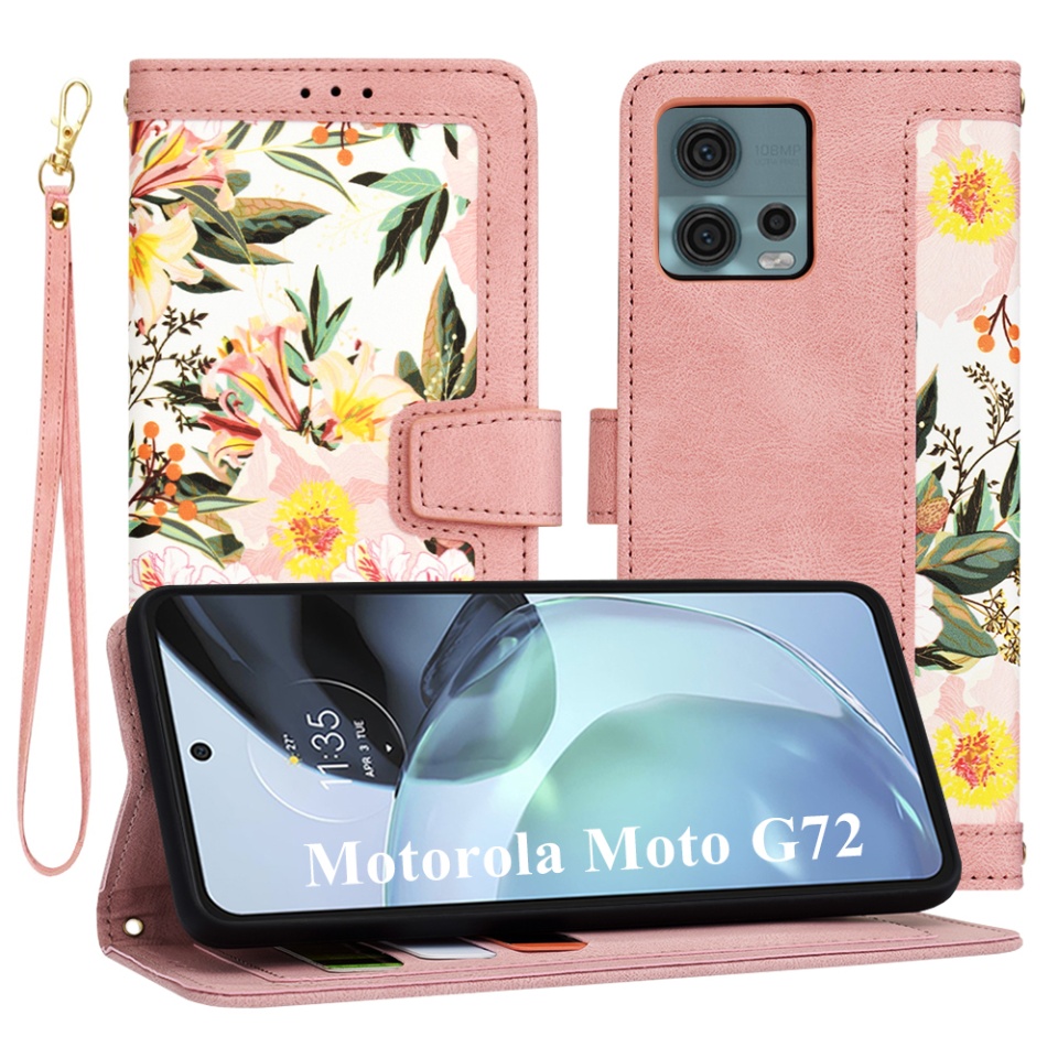 Husa pentru Motorola Moto G72 din Piele Ecologică cu Design Floral, Protecție 360°, Stand Integrat, Buzunare pentru Carduri, SKDR Floral Wallet - Roz